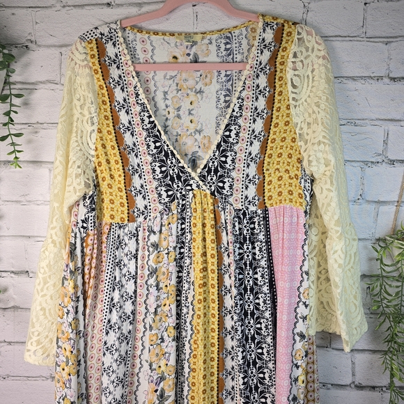 Bohemian Patchwork Long Sleeve Dress BY KORI BOHO PEASANT WOMENS SIZE M - Picture 3 of 7